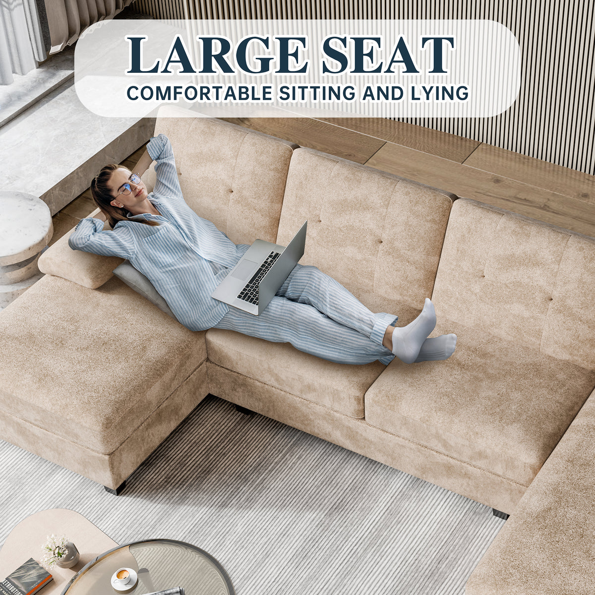 Meilocar Sectional Couches for Living Room, 106 in U Shaped Couch Soft Sectional Sofa with Double Chaise, Comfortable 4 Seat Couch