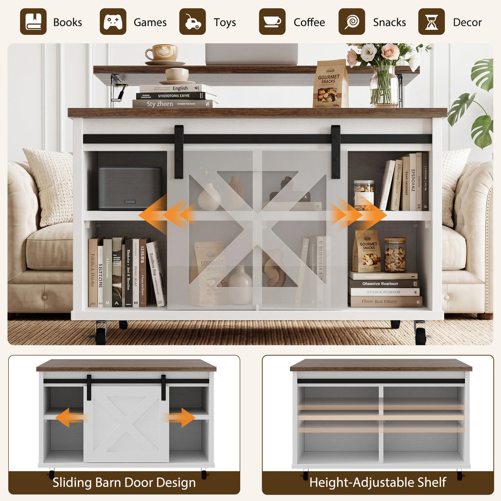 Meilocar Lift Top Coffee Table with Wheels 31" Square - Farmhouse, Black Features a rustic wood lift top, hidden storage, adjustable shelf, and sliding barn door to keep living rooms organized.