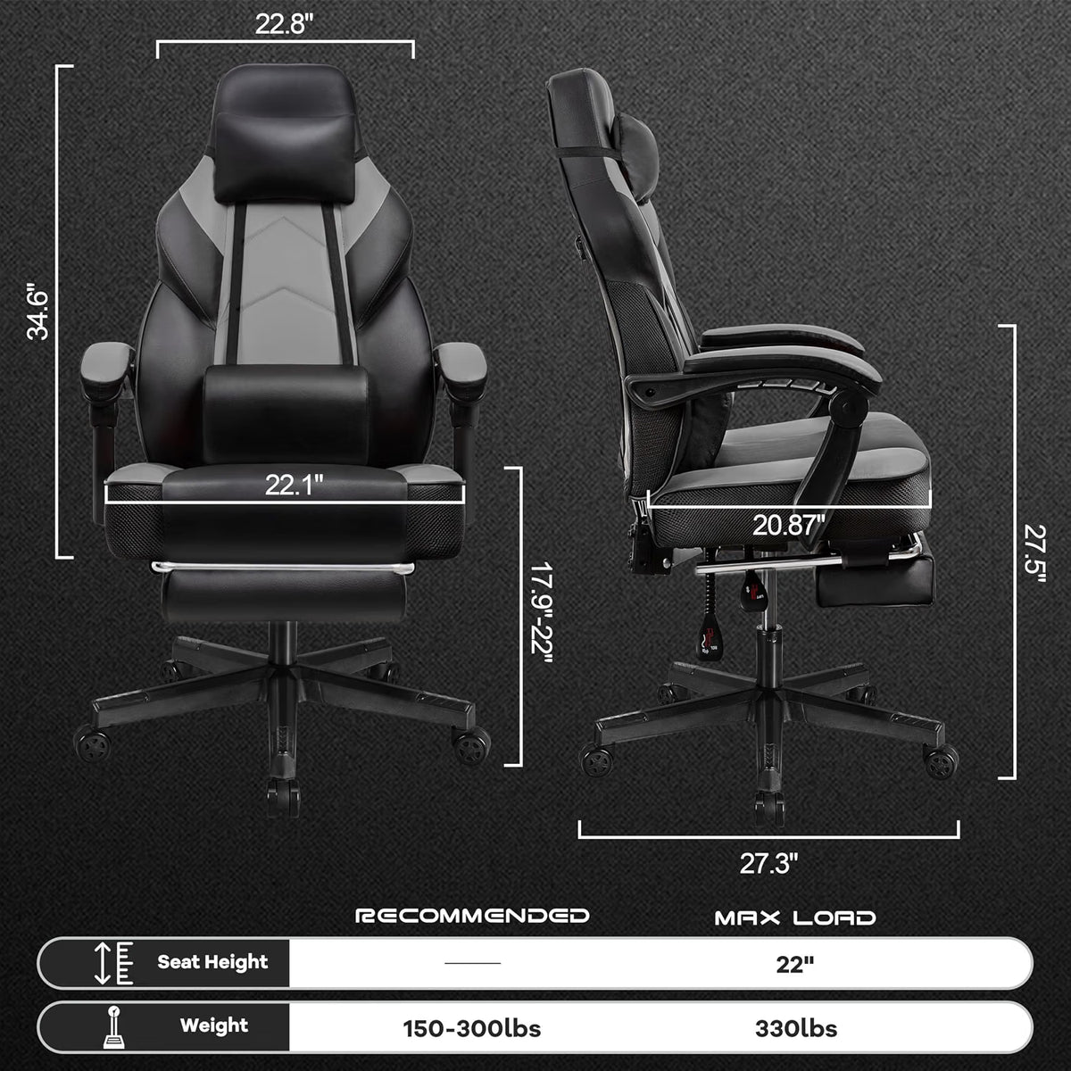 Meilocar Gaming Chair for Adult, Computer Chair with Footrest Video Game Chair Big and Tall Gaming Chair with Massage Lumbar Support, Adjustable Height and 360° Swivel Seat
