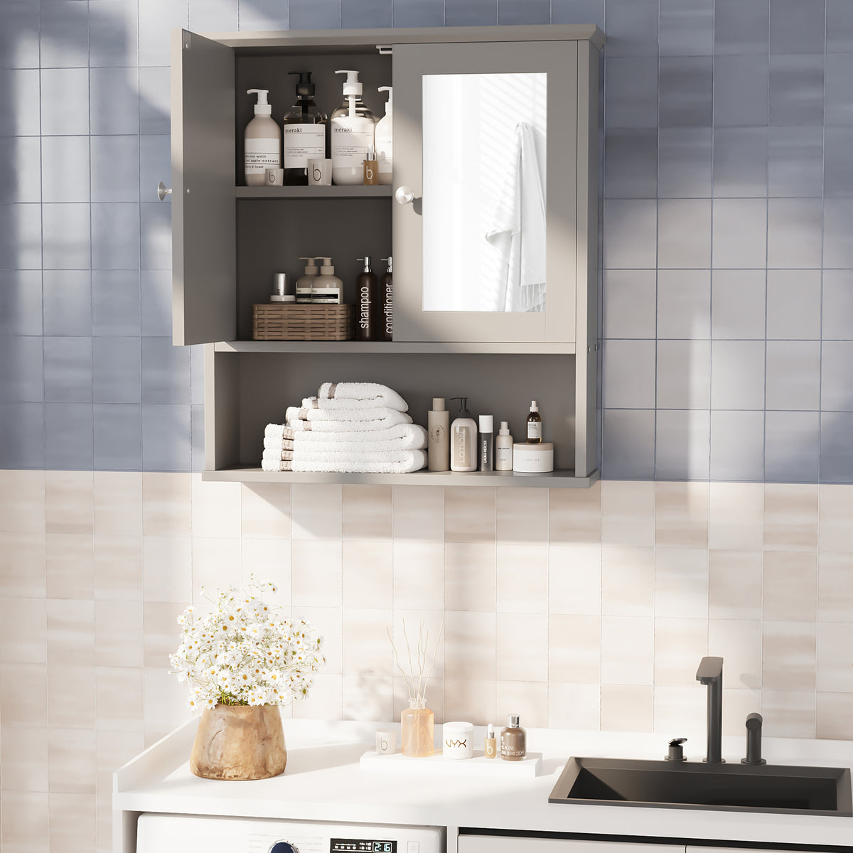 Meilocar Bathroom Wall Cabinet with Mirror, Bathroom Mirror Cabinet Wall Mounted, Over Toilet Medicine Cabinets with Adjustable Shelf, Large Capacity