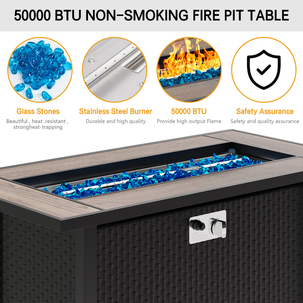 45in Fire Table, Propane Fire Pit with Glass Wind Guard and Rain Cover, Outdoor Firepit Table 50000 BTU 3-in-1 Fire Table for Patio/Yard/Balcony