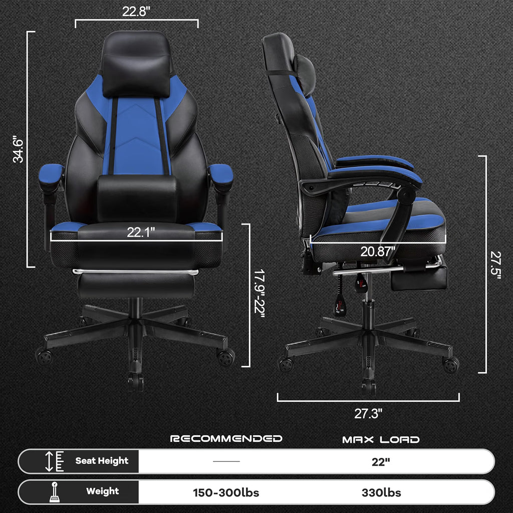 Meilocar Gaming Chair for Adults, Video Game Chair with Footrest, Big and Tall Gaming Chair Heavy Duty Computer Chair with Massage Lumbar, Ergonomic Adjustable Height and 360° Swivel Seat, PU Leather