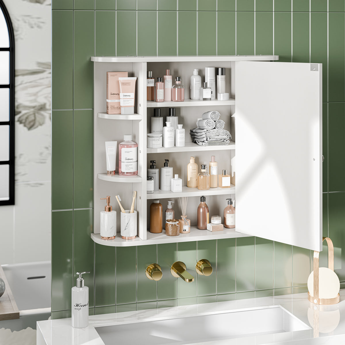 Meilocar Bathroom Medicine Cabinet, Bathroom Mirror Cabinet Wall Mounted with 6 Side Open Shelves, White Wall Cabinet with Mirror