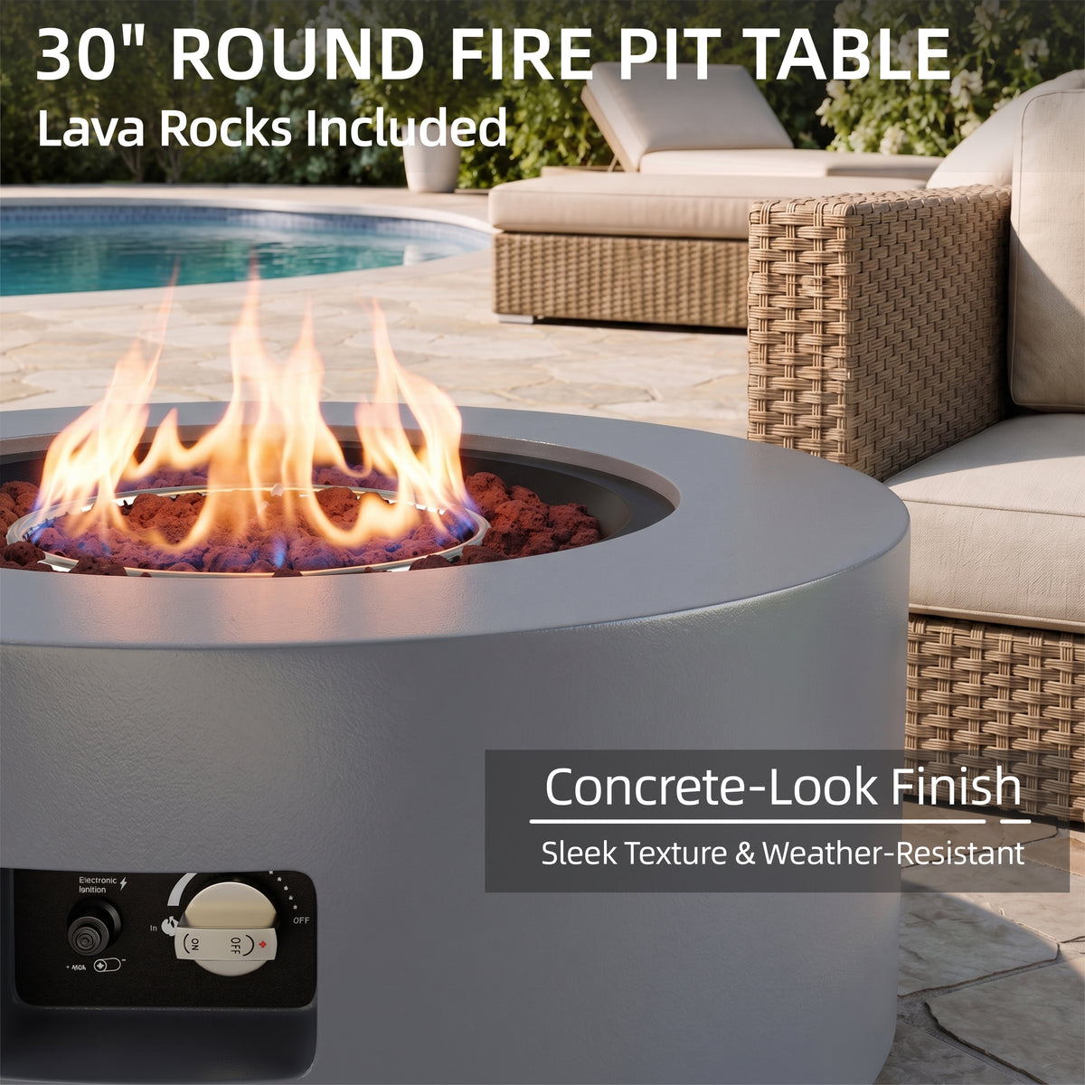 Meilocar 2-Piece Propane Fire Pit Table Set, 30 Inch 50,000 BTU, Includes Propane Tank Storage Side Table, Removable Flat Lid, Lava Rocks, Weather-Resistant Design for Outdoor Patio Deck