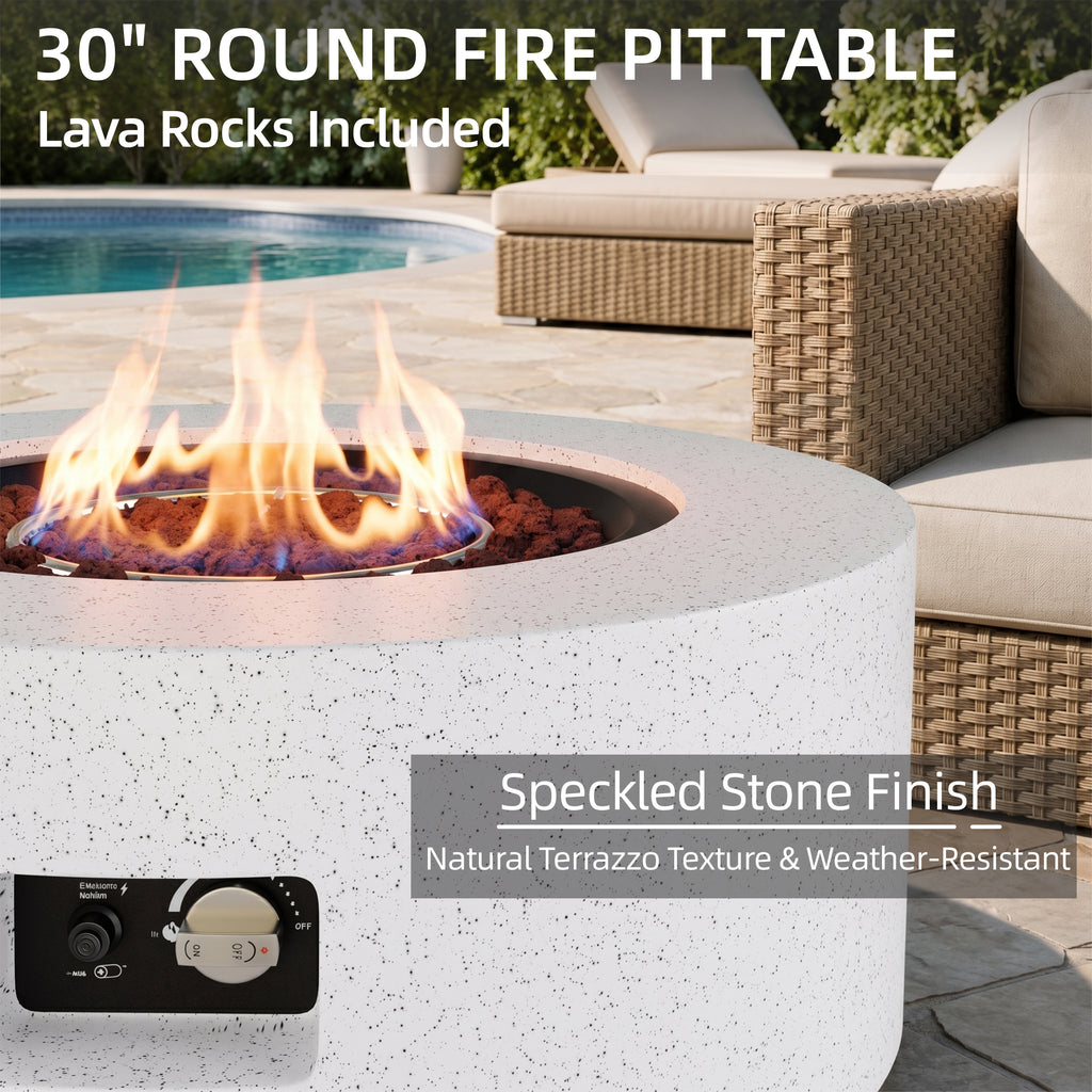 Meilocar 2-Piece Propane Fire Pit Table Set, 30 Inch 50,000 BTU, Includes Propane Tank Storage Side Table, Removable Flat Lid, Lava Rocks, Weather-Resistant Design for Outdoor Patio Deck