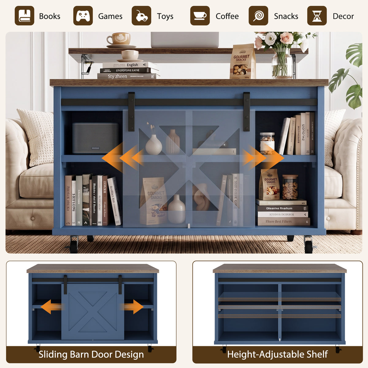 Meilocar Lift Top Coffee Table with Wheels 31" Square - Farmhouse, Black Features a rustic wood lift top, hidden storage, adjustable shelf, and sliding barn door to keep living rooms organized.