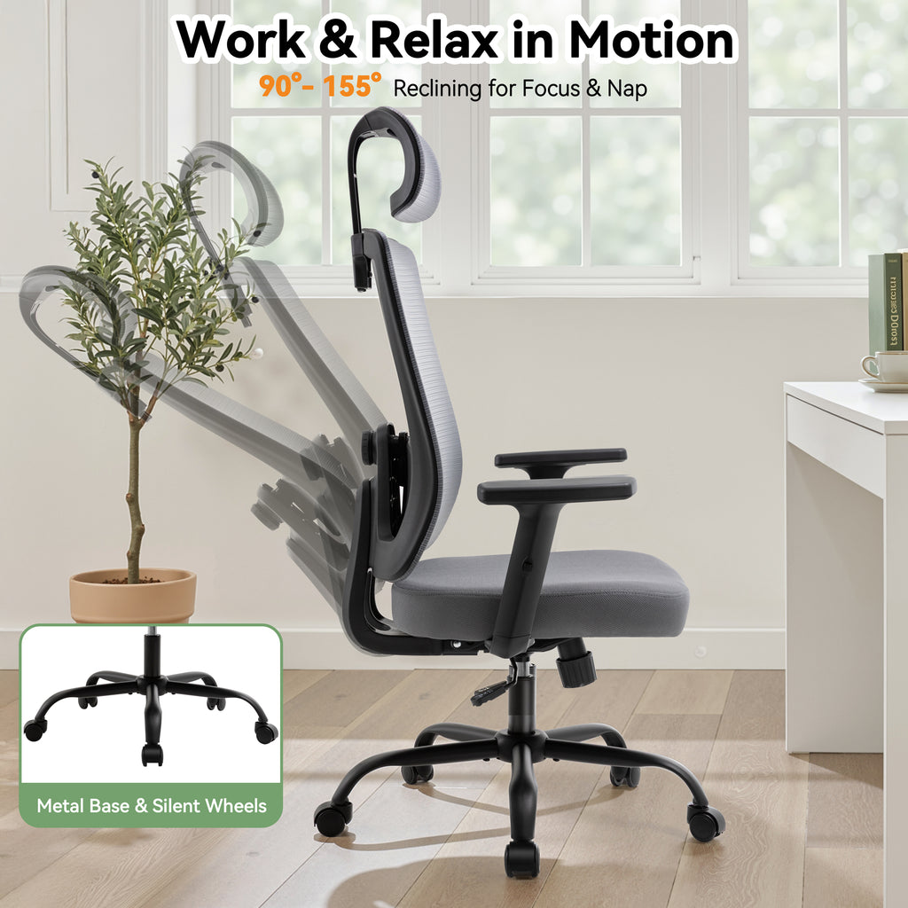 Meilocar Ergonomic Office Chair, Office Desk Chair with High Back Mesh and Adjustable Lumbar Support, Rolling Work Chairs with Wheels and Adjustable Headrests, Wide Cushion