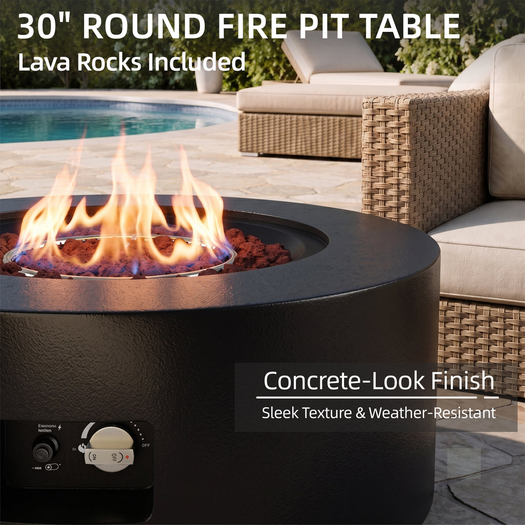 Meilocar 2-Piece Propane Fire Pit Table Set, 30 Inch 50,000 BTU, Includes Propane Tank Storage Side Table, Removable Flat Lid, Lava Rocks, Weather-Resistant Design for Outdoor Patio Deck