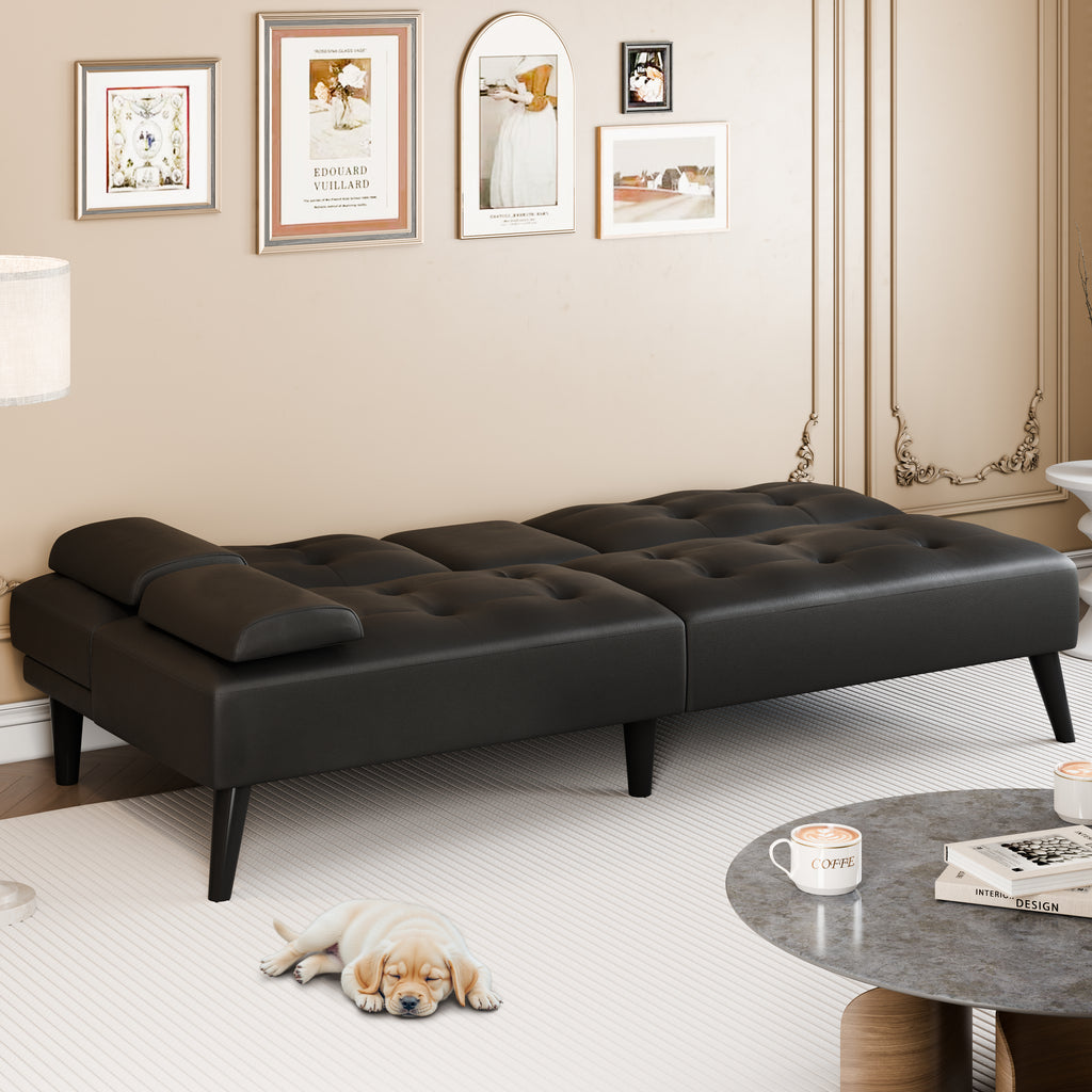64" Futon Sofa Bed, Small Couch with 2 Cup Holders, PU Leather, Black