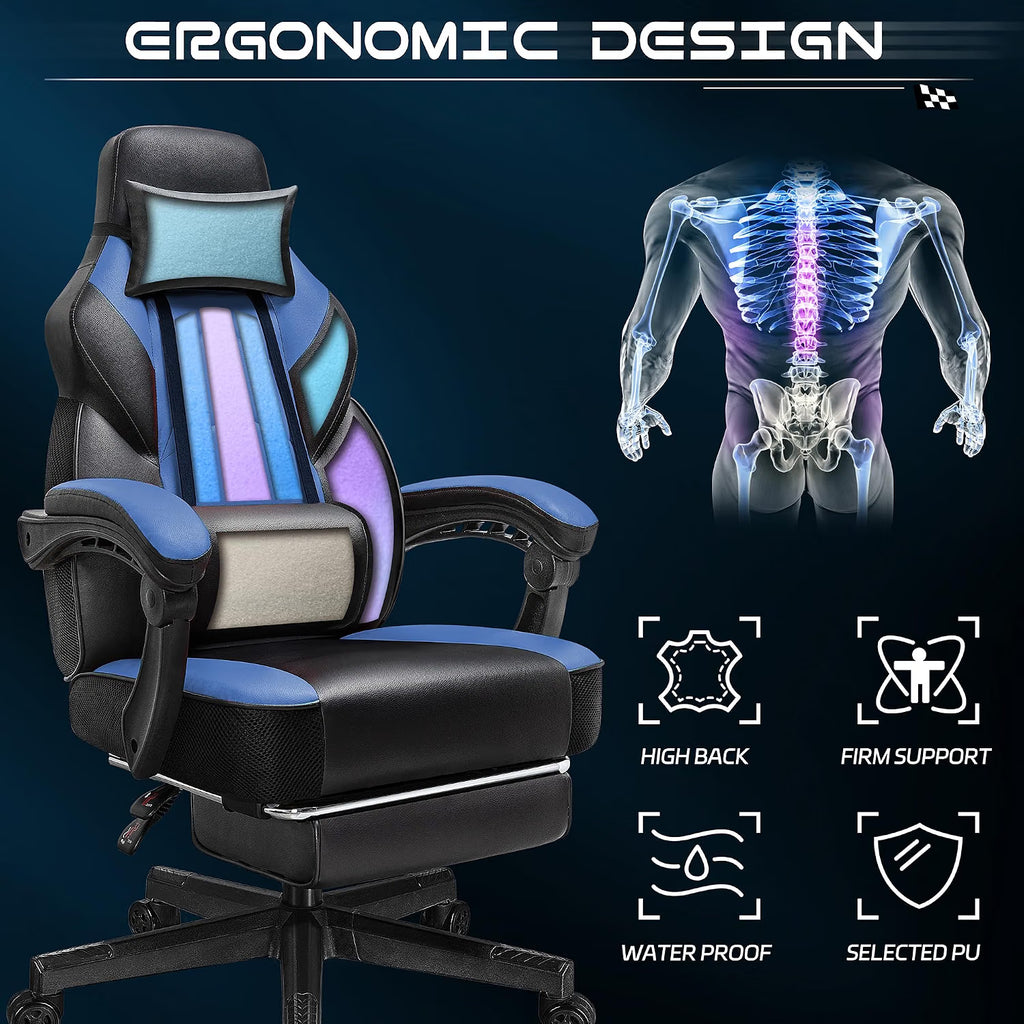 Meilocar Gaming Chair for Adults, Video Game Chair with Footrest, Big and Tall Gaming Chair Heavy Duty Computer Chair with Massage Lumbar, Ergonomic Adjustable Height and 360° Swivel Seat, PU Leather