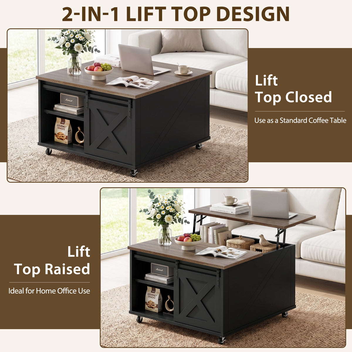 Meilocar Lift Top Coffee Table with Wheels 31" Square - Farmhouse, Black Features a rustic wood lift top, hidden storage, adjustable shelf, and sliding barn door to keep living rooms organized.