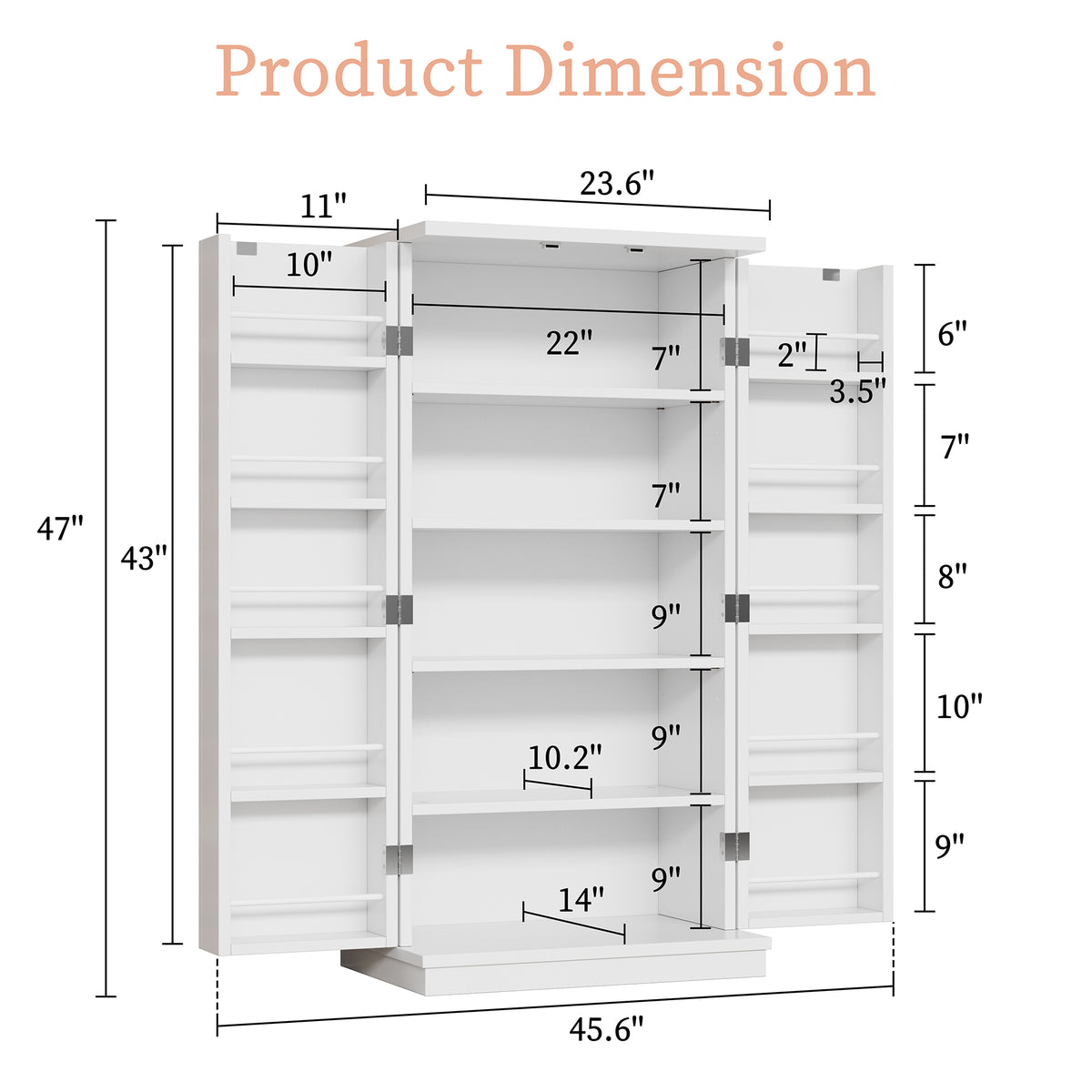 Meilocar 47in Kitchen Pantry Cabinet, Wood Kitchen Storage Pantry Cabinets Freestanding Pantries Cabinets with Doors & Adjustable Shelves