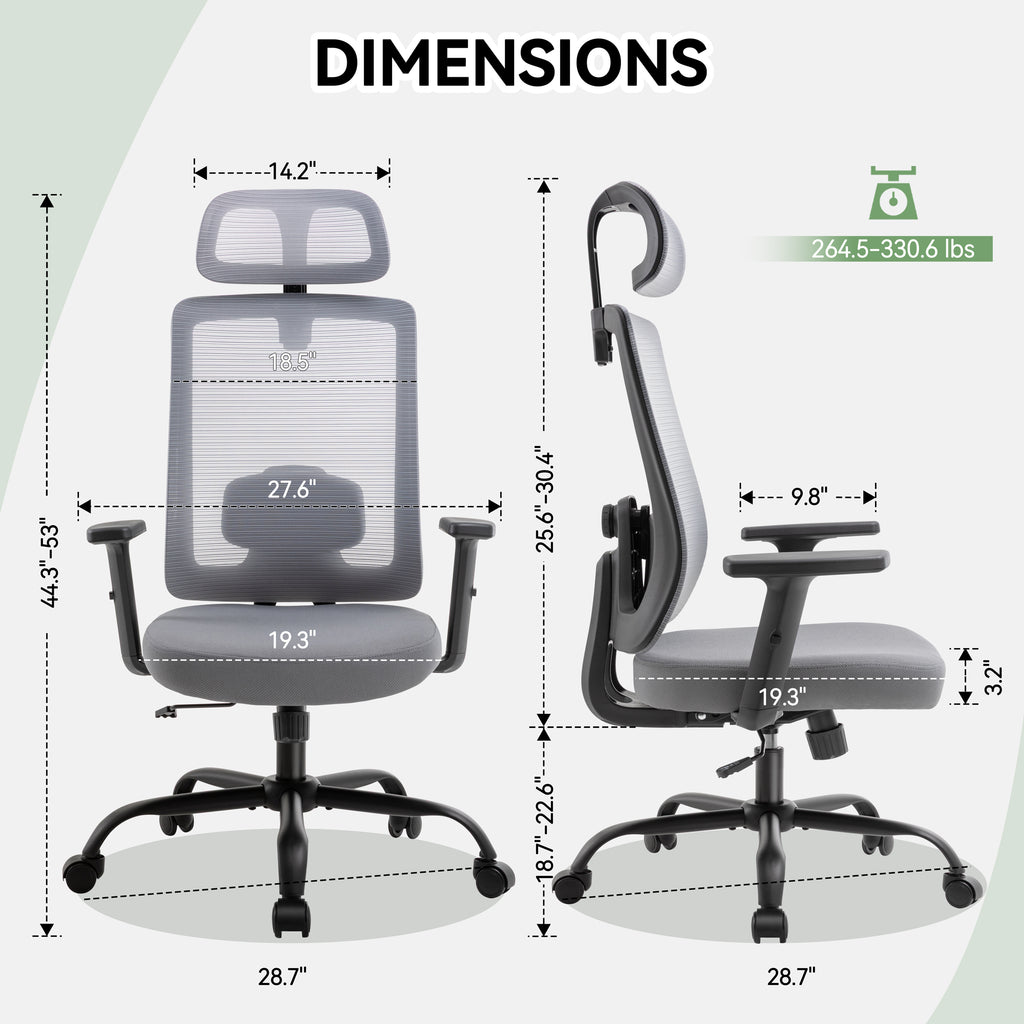 Meilocar Office Chair with Mesh High Back, Ergonomic Office Desk Chair with Adjustable Lumbar Support, Rolling Work Chairs with Wheels and 3D Headrest