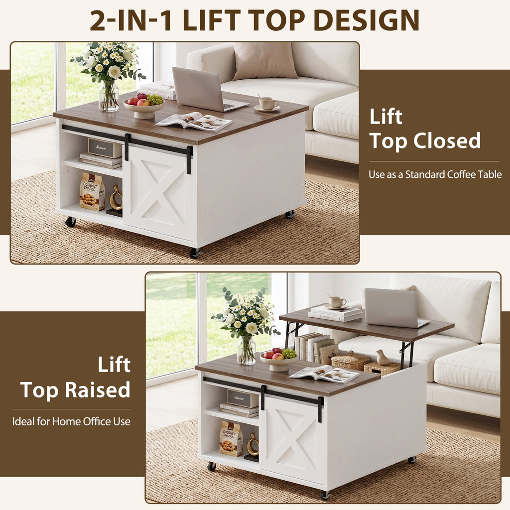 Meilocar Lift Top Coffee Table with Wheels 31" Square - Farmhouse, Black Features a rustic wood lift top, hidden storage, adjustable shelf, and sliding barn door to keep living rooms organized.