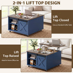 Meilocar Lift Top Coffee Table with Wheels 31" Square - Farmhouse, Black Features a rustic wood lift top, hidden storage, adjustable shelf, and sliding barn door to keep living rooms organized.