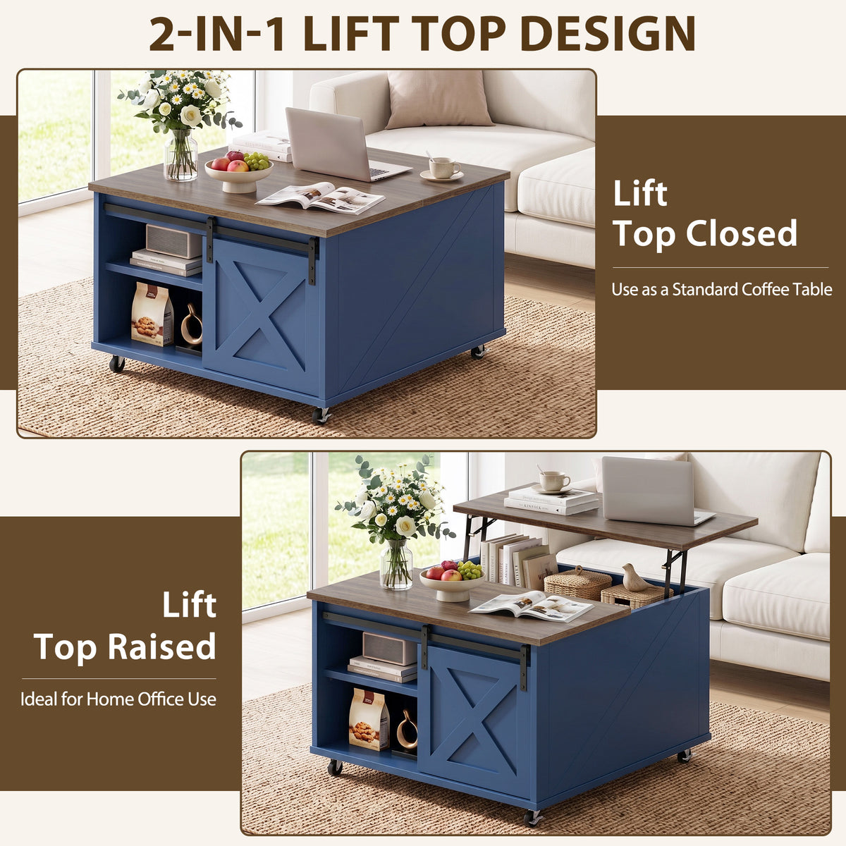 Meilocar Lift Top Coffee Table with Wheels 31" Square - Farmhouse, Black Features a rustic wood lift top, hidden storage, adjustable shelf, and sliding barn door to keep living rooms organized.