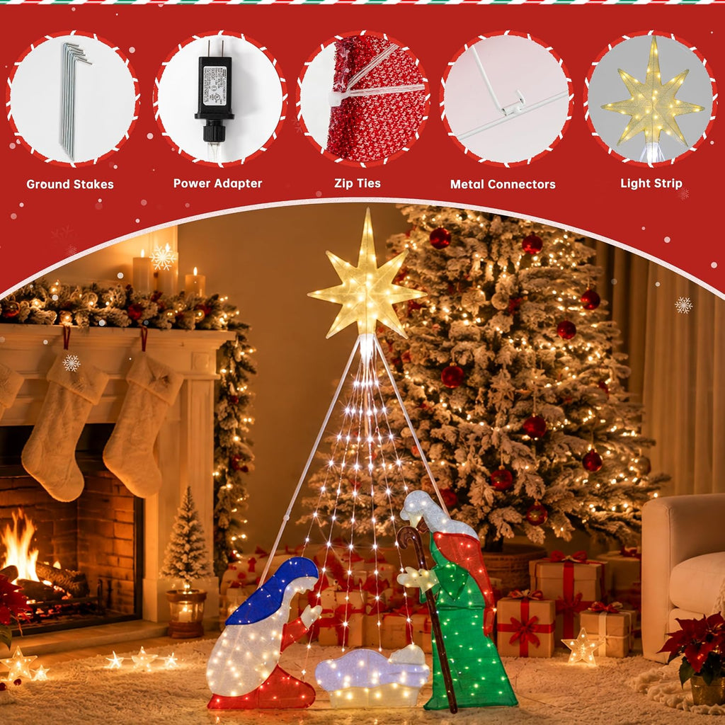 Meilocar 6FT Lighted Nativity Scene Outdoor Christmas Decoration, 4 PC Set Pre-Lit Holy Family Set Mary Joseph Jesus North Star with 240 LED Lights for Lawn Yard Patio