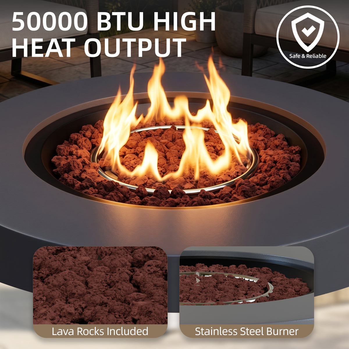 Meilocar 2-Piece Propane Fire Pit Table Set, 30 Inch 50,000 BTU, Includes Propane Tank Storage Side Table, Removable Flat Lid, Lava Rocks, Weather-Resistant Design for Outdoor Patio Deck