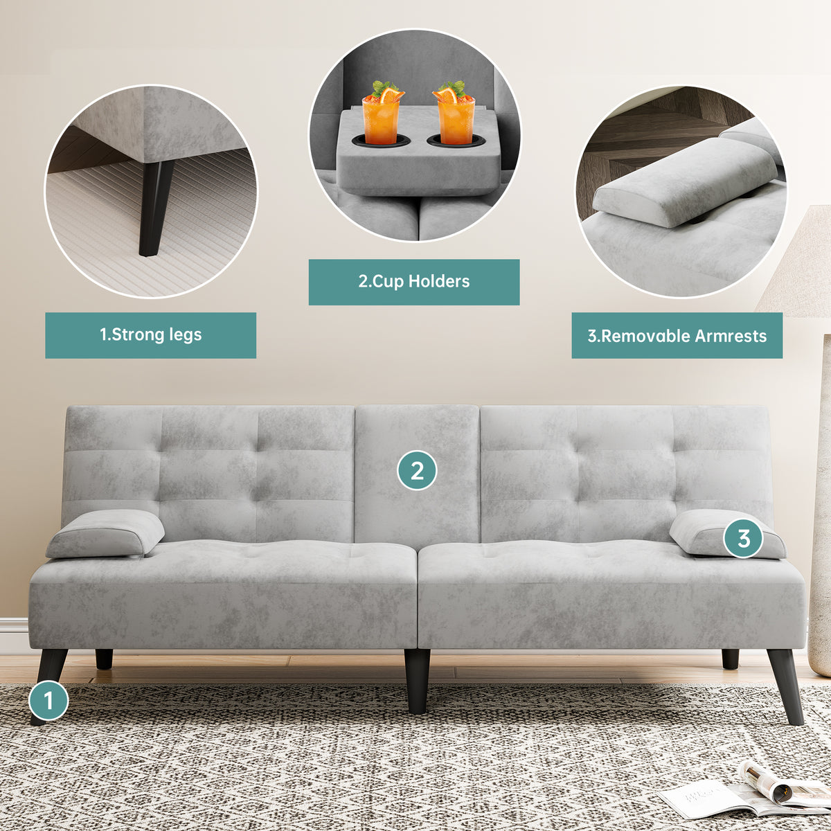 Meilocar 64" Futon Sofa Bed, Small Loveseat, Cup Holders, Small Couch with 3 Adjustable Angles, Removable Armrests, Small Sofa for Apartment, 5.3 FT