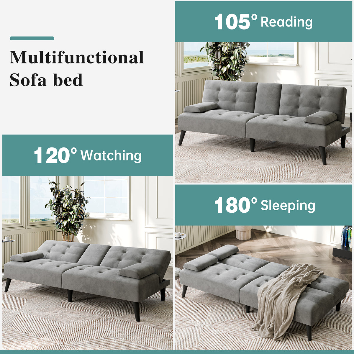 Meilocar 64" Futon Sofa Bed, Small Loveseat, Cup Holders, Small Couch with 3 Adjustable Angles, Removable Armrests, Small Sofa for Apartment, 5.3 FT