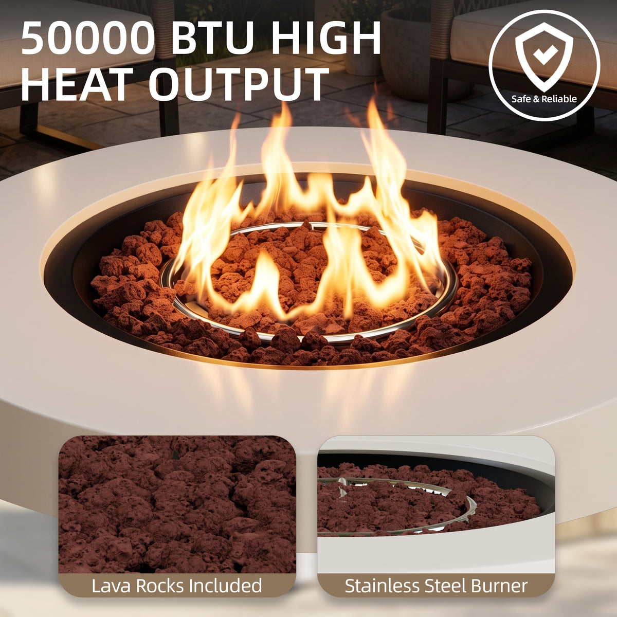Meilocar 2-Piece Propane Fire Pit Table Set, 30 Inch 50,000 BTU, Includes Propane Tank Storage Side Table, Removable Flat Lid, Lava Rocks, Weather-Resistant Design for Outdoor Patio Deck