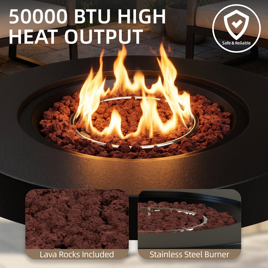 Meilocar 2-Piece Propane Fire Pit Table Set, 30 Inch 50,000 BTU, Includes Propane Tank Storage Side Table, Removable Flat Lid, Lava Rocks, Weather-Resistant Design for Outdoor Patio Deck