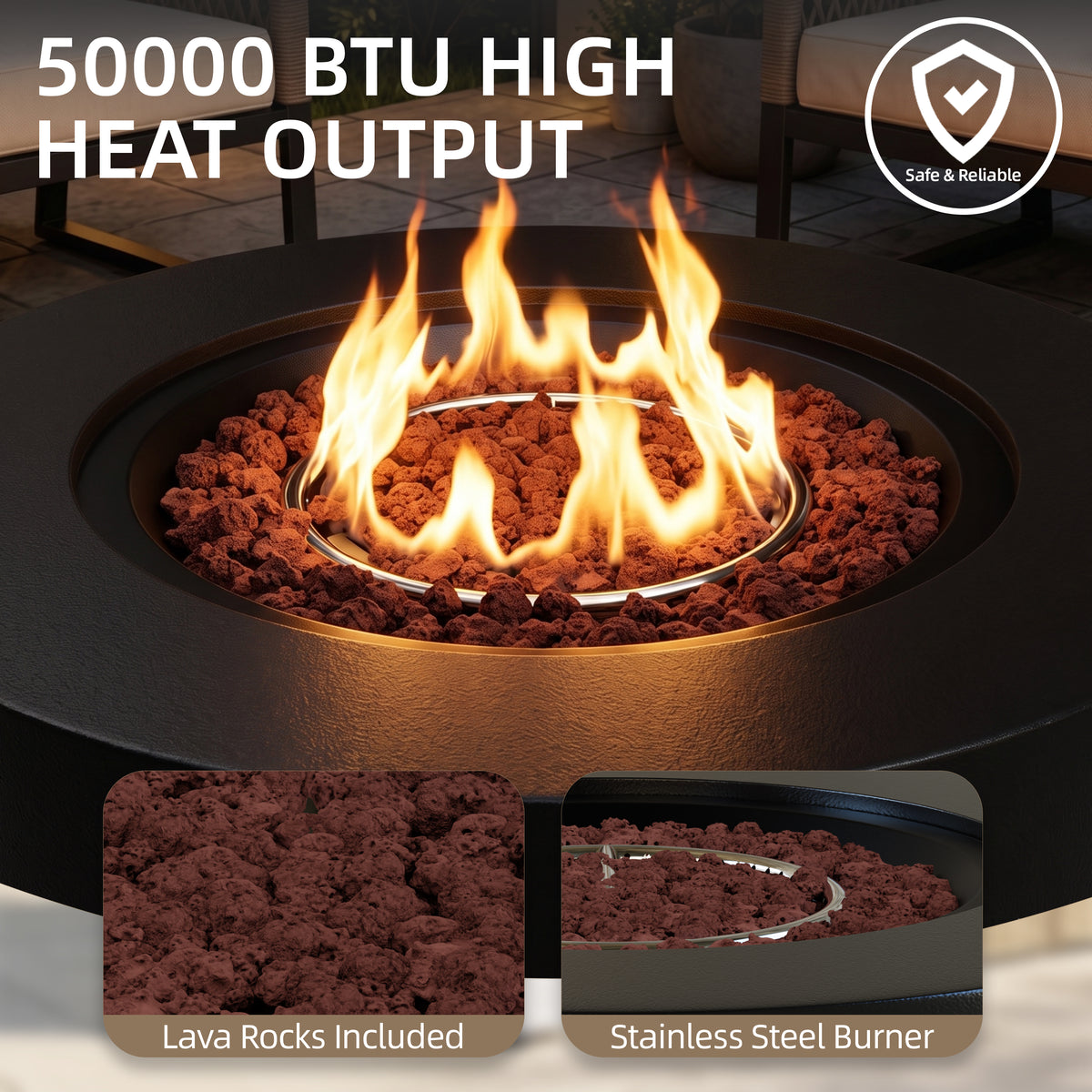 Meilocar 2-Piece Propane Fire Pit Table Set, 30 Inch 50,000 BTU, Includes Propane Tank Storage Side Table, Removable Flat Lid, Lava Rocks, Weather-Resistant Design for Outdoor Patio Deck