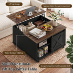Meilocar Lift Top Coffee Table with Wheels 31" Square - Farmhouse, Black Features a rustic wood lift top, hidden storage, adjustable shelf, and sliding barn door to keep living rooms organized.