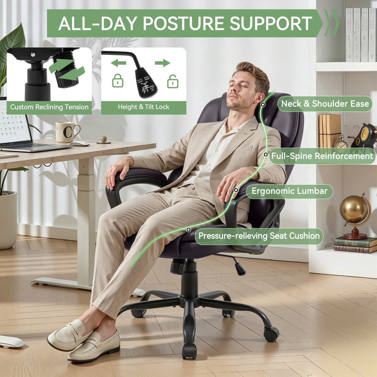 Meilocar Ergonomic Office Chair with High Back, Comfy Desk Chair, Adjustable Executive Office Chair for Home Office, Big and Tall Computer Chair Heavy Duty, 360° Swivel