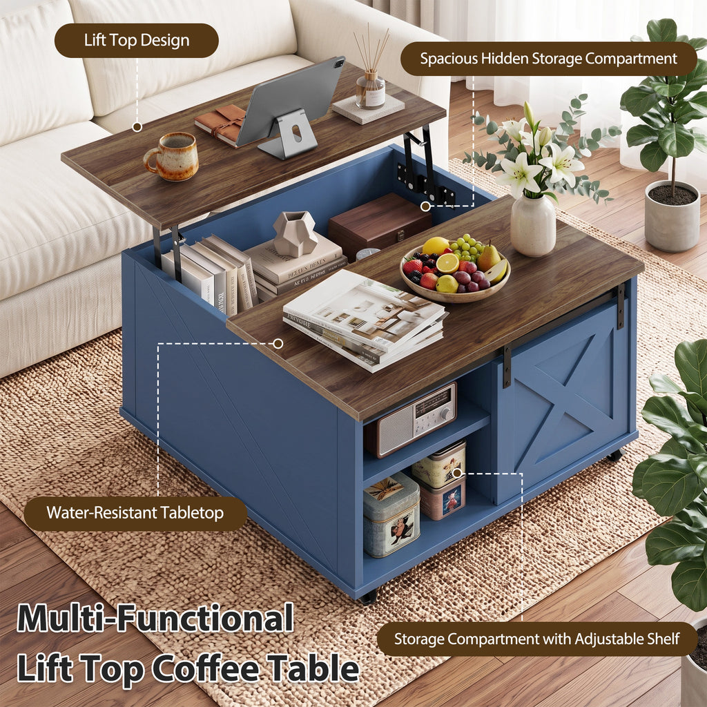 Meilocar Lift Top Coffee Table with Wheels 31" Square - Farmhouse, Black Features a rustic wood lift top, hidden storage, adjustable shelf, and sliding barn door to keep living rooms organized.