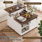 Meilocar Lift Top Coffee Table with Wheels 31" Square - Farmhouse, Black Features a rustic wood lift top, hidden storage, adjustable shelf, and sliding barn door to keep living rooms organized.