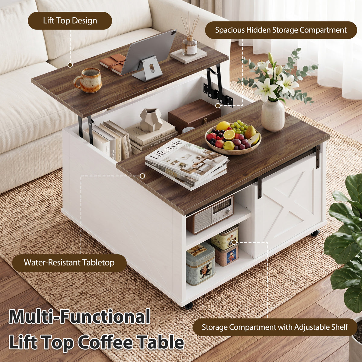 Meilocar Lift Top Coffee Table with Wheels 31" Square - Farmhouse, Black Features a rustic wood lift top, hidden storage, adjustable shelf, and sliding barn door to keep living rooms organized.