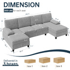 Meilocar Sectional Couches for Living Room, U Shaped Couch Sectional Sofa with Chaise, 4 Seat Sofa Couch for Apartment, Sectionals Couches Linen, Striped Grey