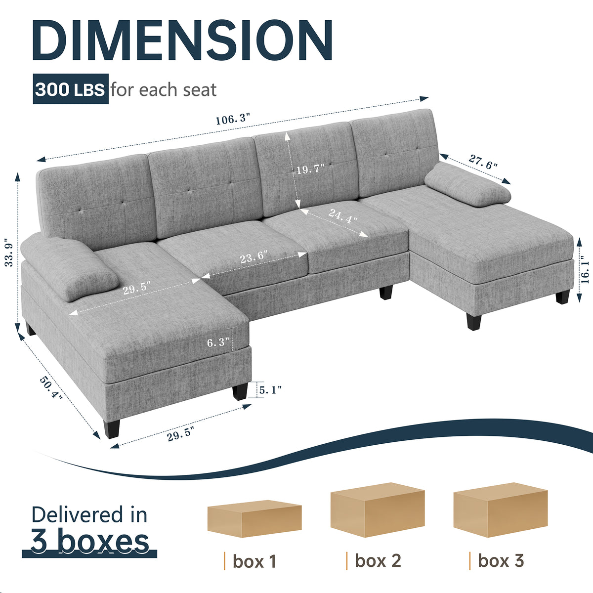 Meilocar Sectional Couches for Living Room, U Shaped Couch Sectional Sofa with Chaise, 4 Seat Sofa Couch for Apartment, Sectionals Couches Linen, Striped Grey