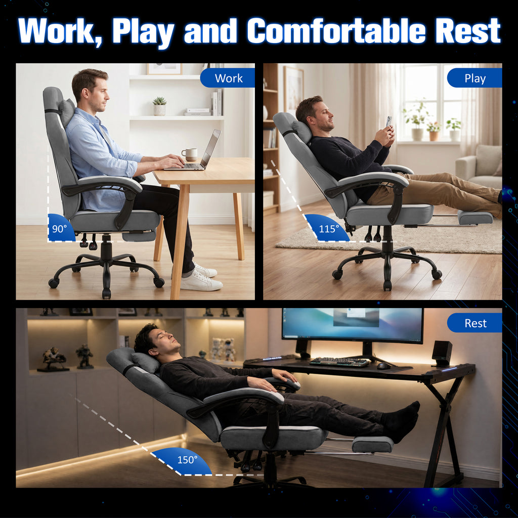 Meilocar Gaming Chair with Footrest Fabric Gaming Chair for Adults with Massage Lumbar Support, High Back Ergonomic Computer Chair, Pocket Spring Cushion, 150°Reclining & Linkage Armrests