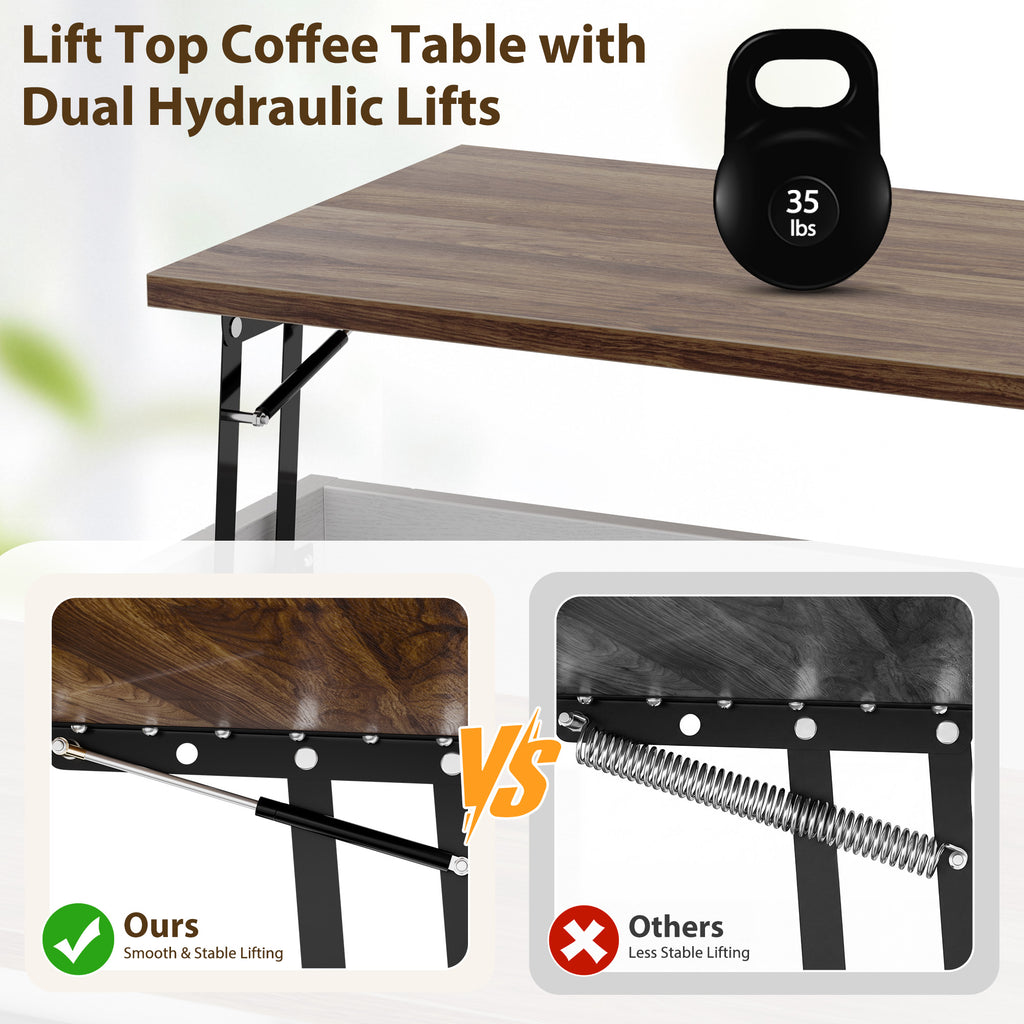 Meilocar Lift Top Coffee Table with Wheels 31" Square - Farmhouse, Black Features a rustic wood lift top, hidden storage, adjustable shelf, and sliding barn door to keep living rooms organized.