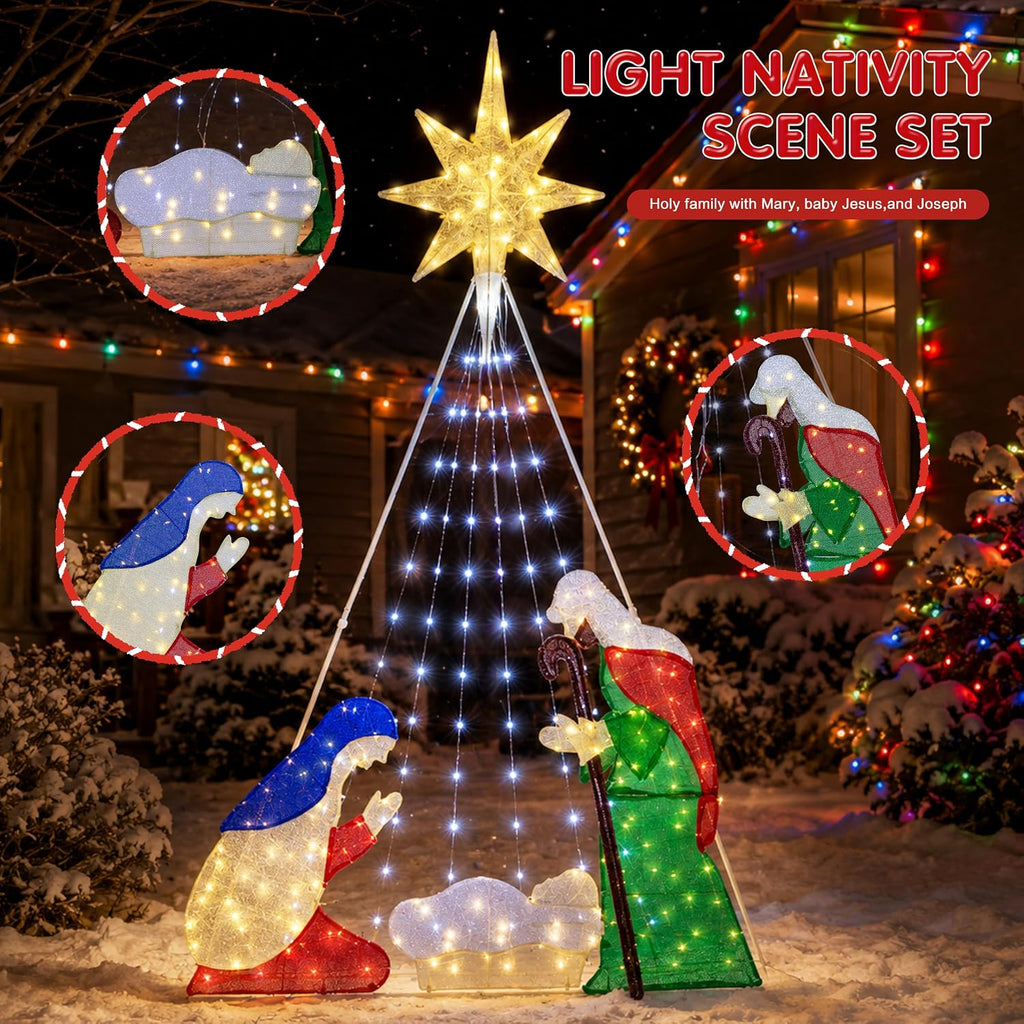 Meilocar 6FT Lighted Nativity Scene Outdoor Christmas Decoration, 4 PC Set Pre-Lit Holy Family Set Mary Joseph Jesus North Star with 240 LED Lights for Lawn Yard Patio