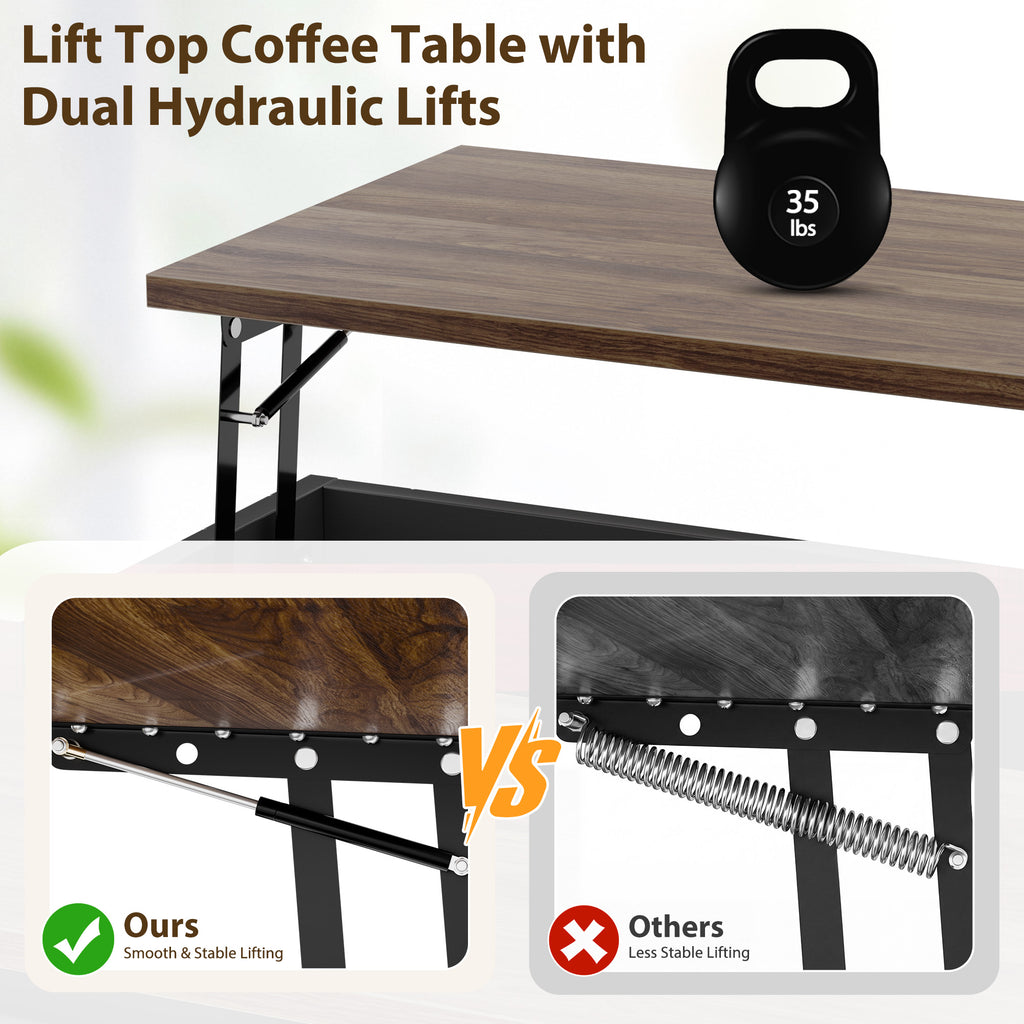 Meilocar Lift Top Coffee Table with Wheels 31" Square - Farmhouse, Black Features a rustic wood lift top, hidden storage, adjustable shelf, and sliding barn door to keep living rooms organized.