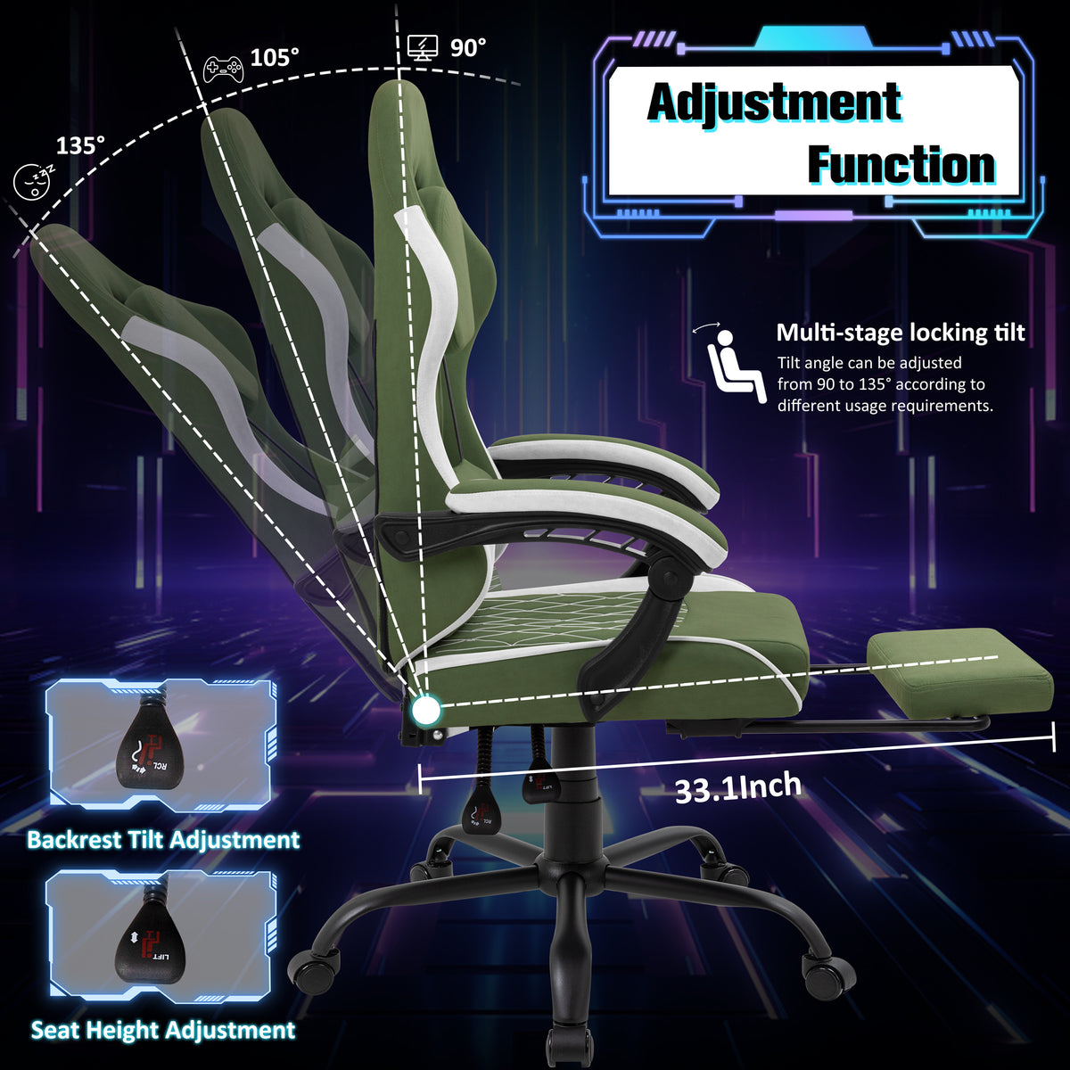 Meilocar Gaming Chair with Footrest, Ergonomic Fabric Desk Chair