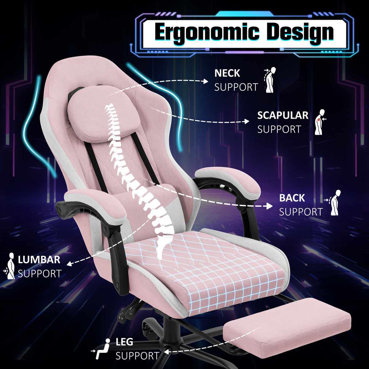 Meilocar Gaming Chair with Footrest, Ergonomic Fabric Desk Chair