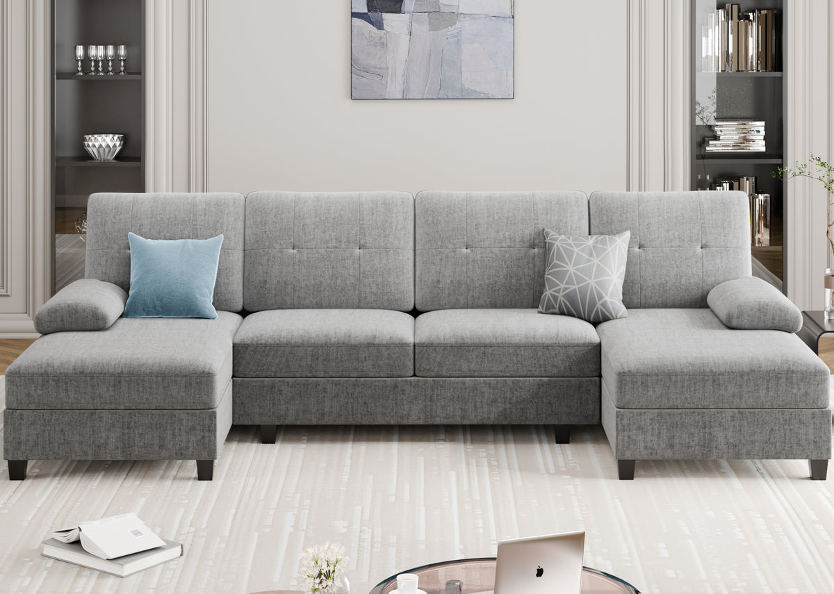 Meilocar Sectional Couches for Living Room, U Shaped Couch Sectional Sofa with Chaise, 4 Seat Sofa Couch for Apartment, Sectionals Couches Linen, Striped Grey