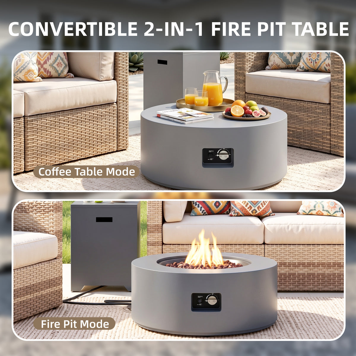 Meilocar 2-Piece Propane Fire Pit Table Set, 30 Inch 50,000 BTU, Includes Propane Tank Storage Side Table, Removable Flat Lid, Lava Rocks, Weather-Resistant Design for Outdoor Patio Deck
