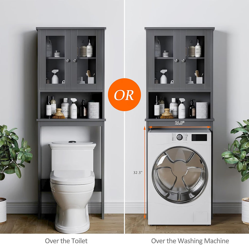 Meilocar Over the Toilet Storage Cabinet for Bathroom, Storage Organizer Over Toilet, Bathroom Space Saver with Tempered Glass Doors