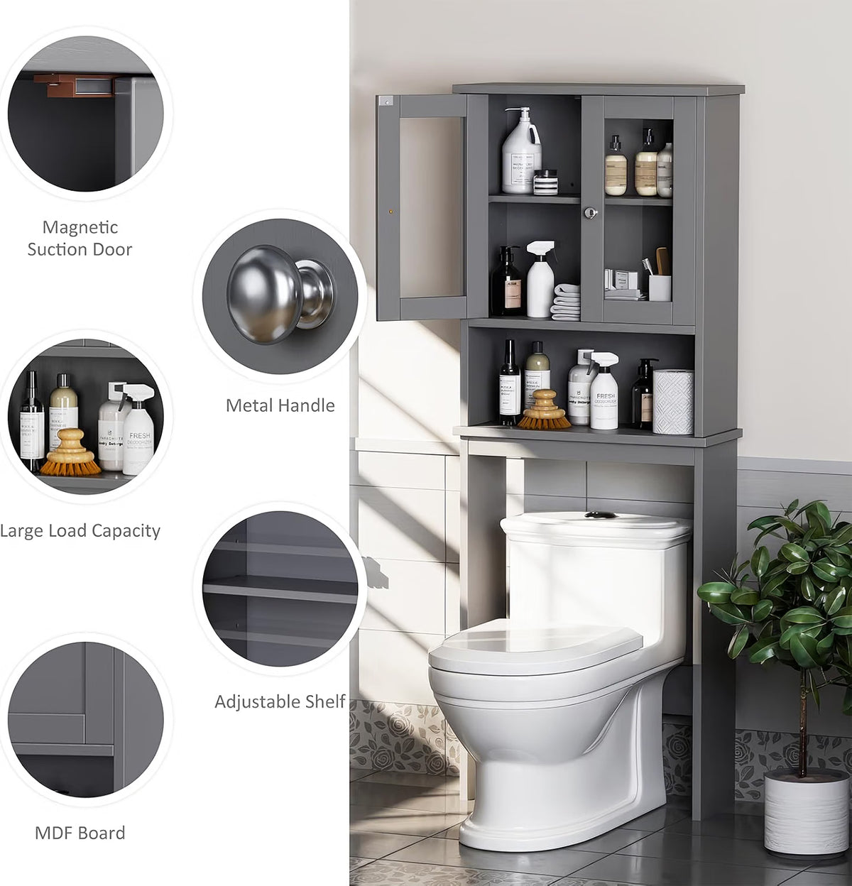 Meilocar Over the Toilet Storage Cabinet for Bathroom, Storage Organizer Over Toilet, Bathroom Space Saver with Tempered Glass Doors