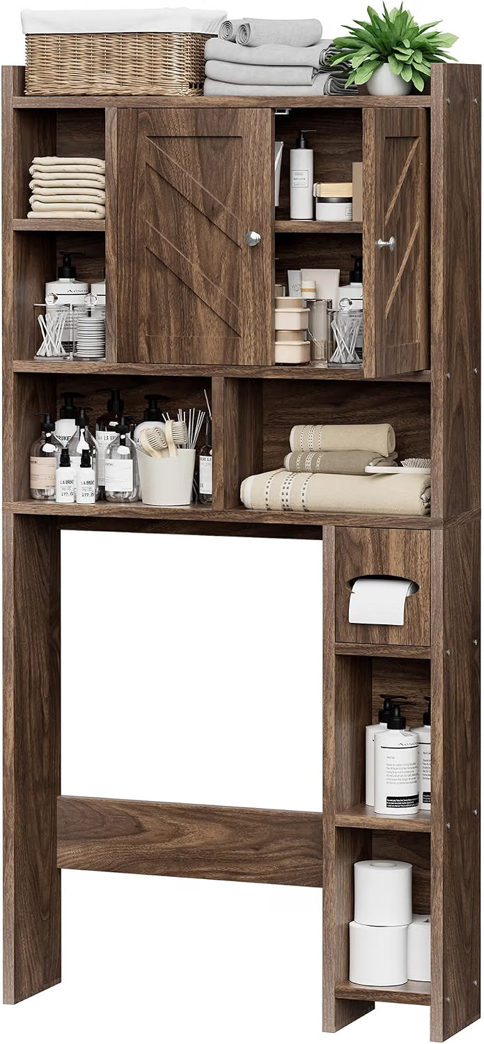 Meilocar Over the Toilet Storage Cabinet, Bathroom Over Toilet Storage Cabinet, Bathroom Storages Organizer Cabinets with Toilet Paper Holder and Adjustable Shelf, Walnut