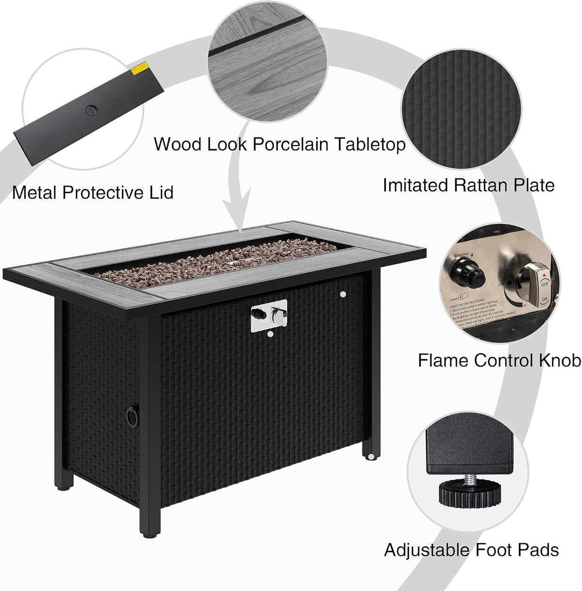 45in Fire Table, Propane Fire Pit with Glass Wind Guard and Rain Cover, Outdoor Firepit Table 50000 BTU 3-in-1 Fire Table for Patio/Yard/Balcony
