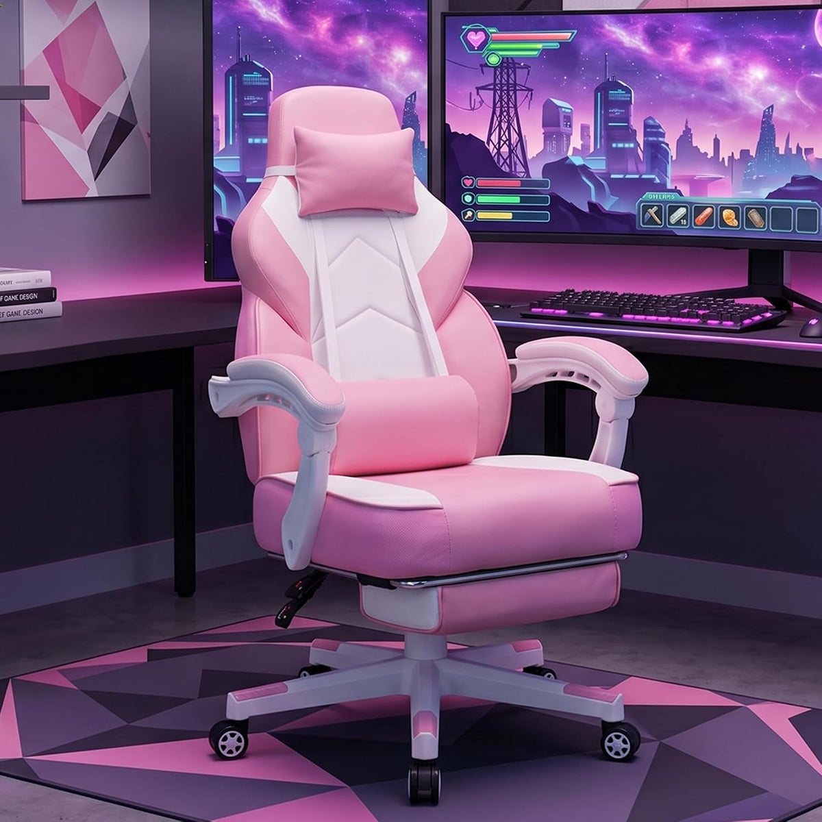 Meilocar Gaming Chair for Adults, Video Game Chair with Footrest, Big and Tall Gaming Chair Heavy Duty Computer Chair with Massage Lumbar, Ergonomic Adjustable Height and 360° Swivel Seat, PU Leather