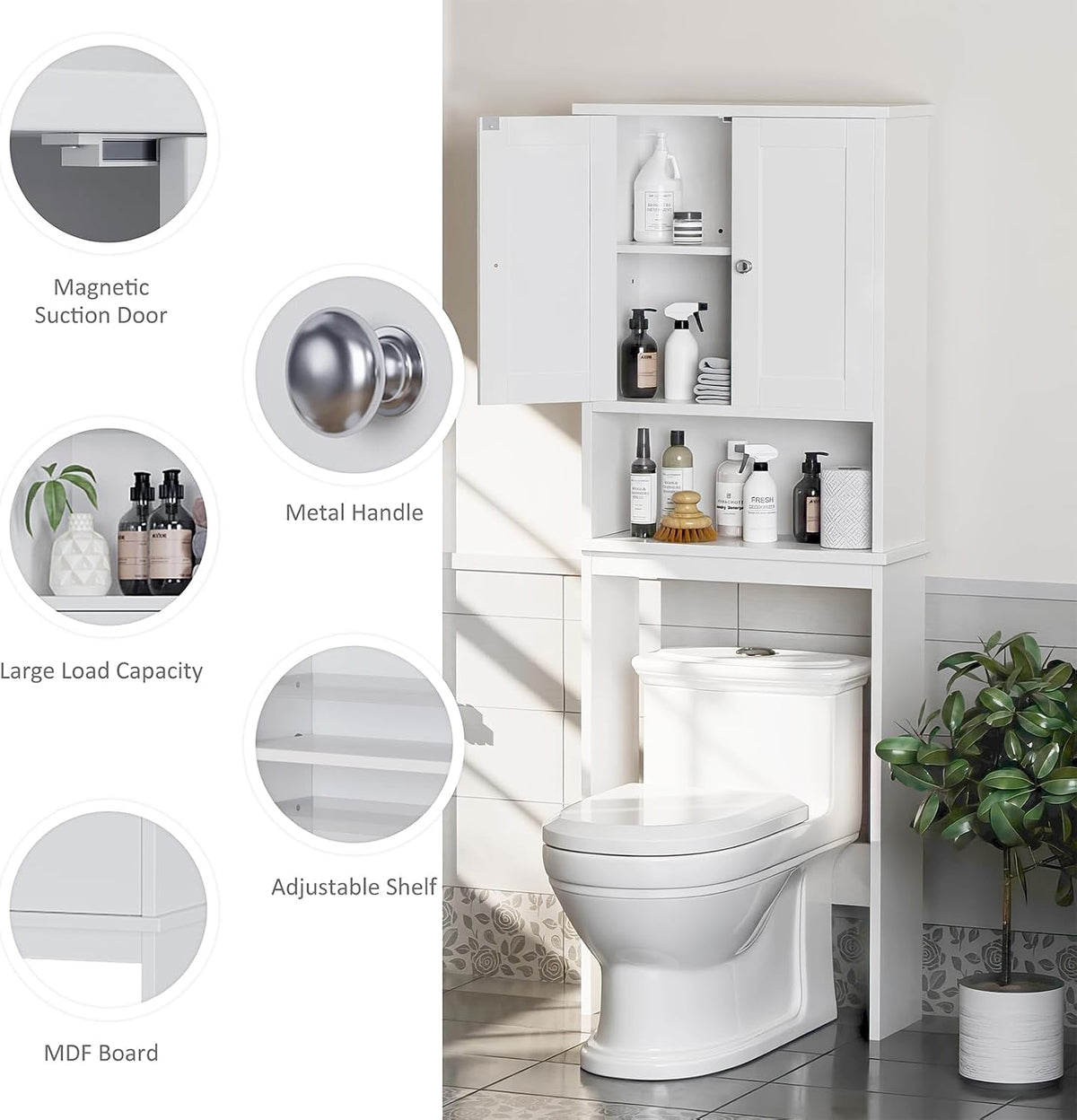 Meilocar Over the Toilet Storage Cabinet, Bathroom Storage Cabinet White Organizer Over Toilet, Bathroom Space Saver with Adjustable Shelf