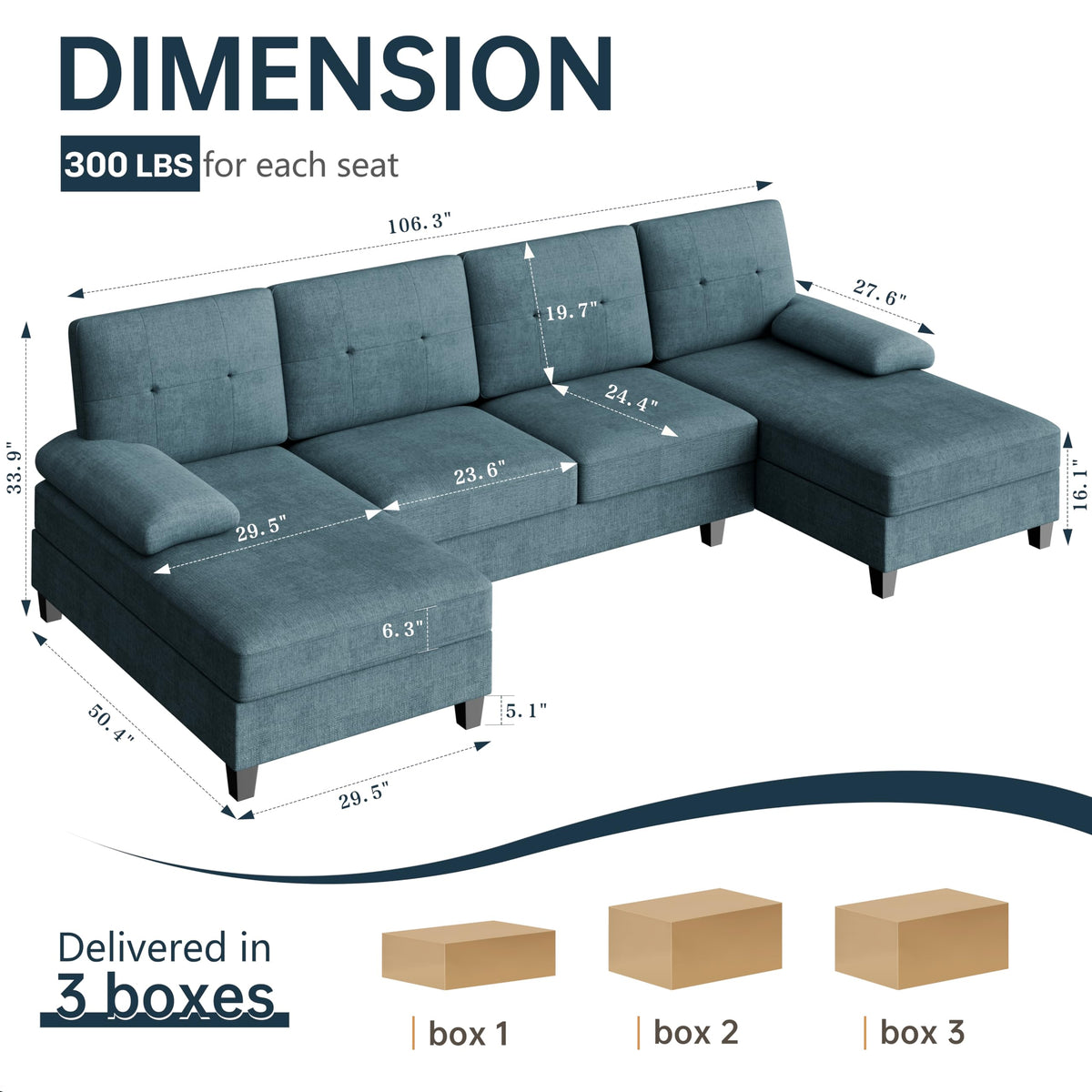 Meilocar Sectional Couches for Living Room, 106 in U Shaped Couch Soft Sectional Sofa with Double Chaise, Comfortable 4 Seat Couch