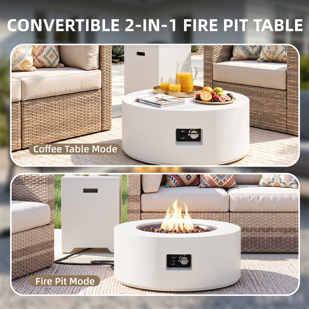 Meilocar 2-Piece Propane Fire Pit Table Set, 30 Inch 50,000 BTU, Includes Propane Tank Storage Side Table, Removable Flat Lid, Lava Rocks, Weather-Resistant Design for Outdoor Patio Deck